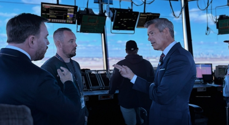 El secretario de Transporte, Sean Duffy, habla con controladores aéreos. 