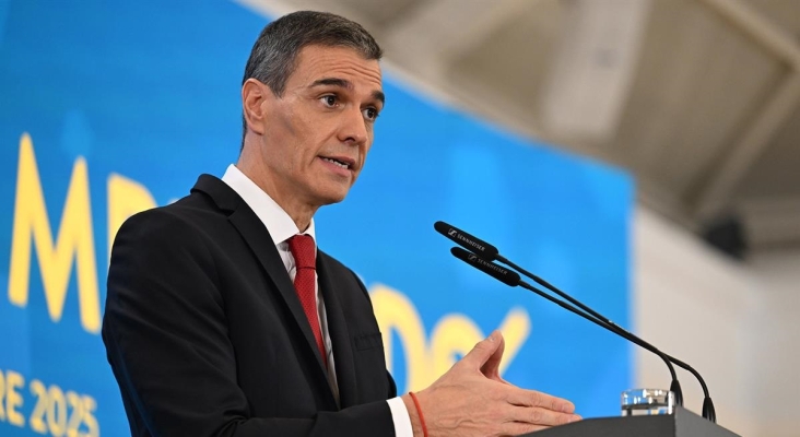 El presidente del Gobierno, Pedro Sánchez, durante la comparecencia en rueda de prensa para presentar el informe Cumpliendo| Imagen: Pool Moncloa/ Borja Puig de la Bellacasa