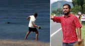 A la izquierda, captura del vídeo en el que un turista tira una piedra a la foca Lani; a la derecha, el senador Brenton Awa.