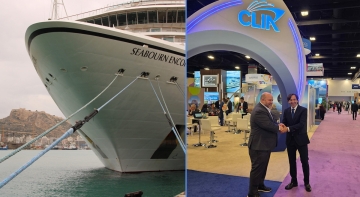 El presidente de la Autoridad Portuaria de Alicante, Luis Rodríguez, con Bud Darr, Presidente y CEO de la CLIA, durante el encuentro que mantuvieron en la feria Seatrade de MIAMI