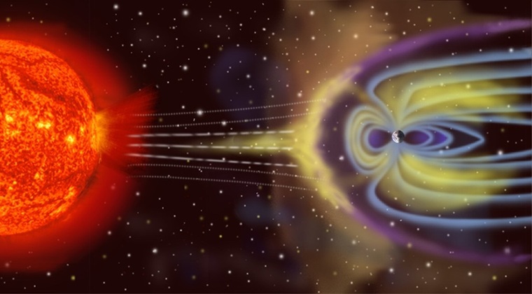 Ilustración artística que muestra la influencia del viento solar en el campo magnético terrestre. Nótese cómo el campo magnético se comprime en la cara que mira al Sol y se alarga en la opuesta.
