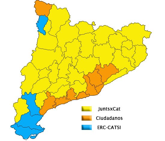 Elecciones según ganador por cada comarca