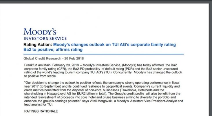 Moody’s eleva la calificación de TUI Group