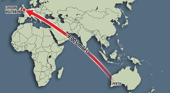 Recorrido del vuelo de Quantasde Australia a Reino Unido