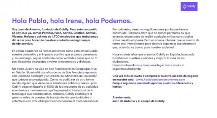 Cabify defiende la legalidad de su actividad ante Podemos