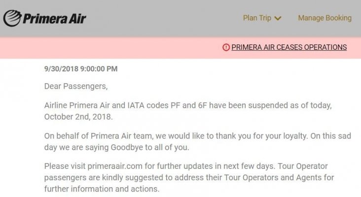 Cese operaciones Primera Air