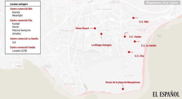 Mapa de los principales puntos turísticos de sexo de la localidad de Maspalomas|Foto: El Español