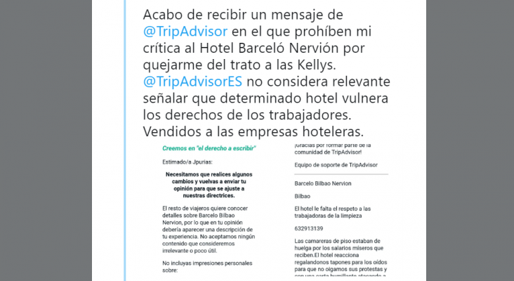 “TripAdvisor prohíbe mi crítica al Barceló Nervión por quejarme del trato a las Kellys”|Foto: Tweet de Joaquín Urias