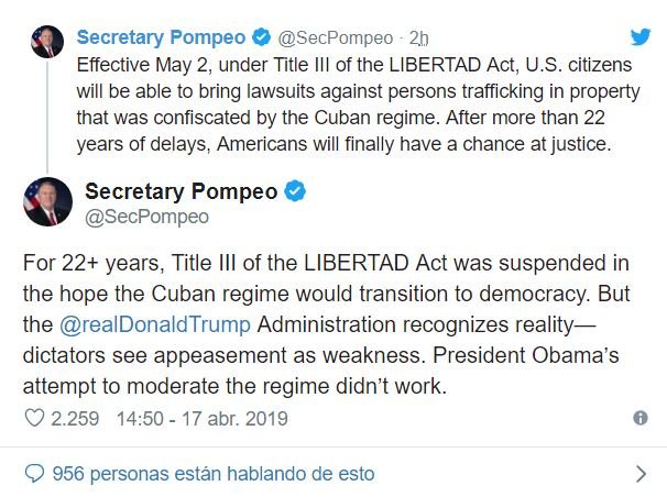 Tuit secretario de Estado Mike Pompeo