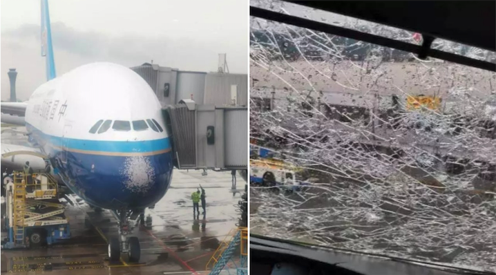 Daños en la nariz del avión y detalle del parabrisas roto Daños en la nariz del avión y detalle del parabrisas roto
