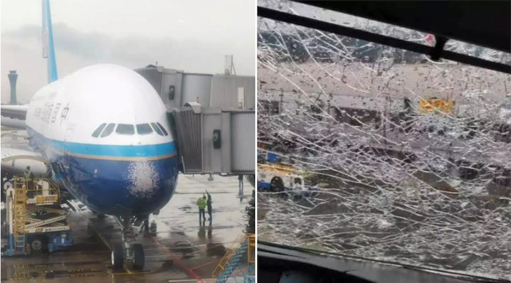 Daños en la nariz del avión y detalle del parabrisas roto