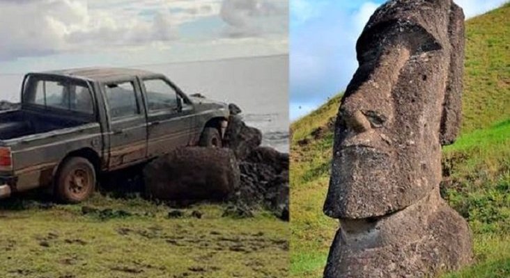 Una camioneta destruye una estatua moái de la Isla de Pascua (Chile) | Foto: Camilo Rapu vía La República