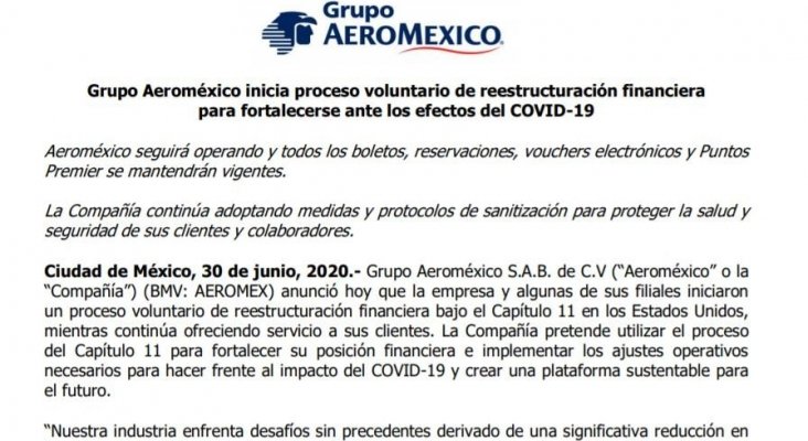 Grupo Aeroméxico se declara en bancarrota