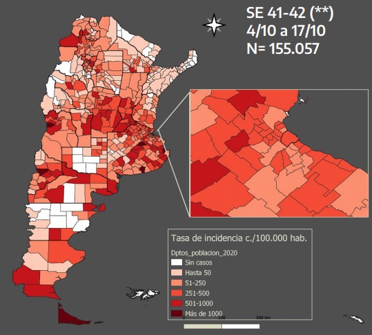 Mapa Tasa de incidencia de COVID 19 en 14 días por departamento de residencia, según fecha de inicio de síntomas. Argentina.Actualización semanal. Fuente Ministerio de Salud de la Nación.