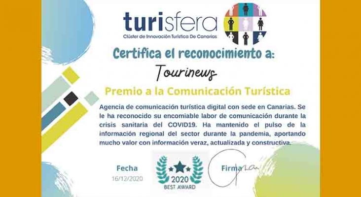 CERTIFICADO de reconocimiento TOURINEWS 2020