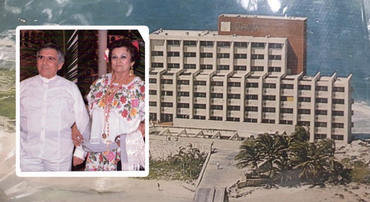 Homenaje a Alberto Bojórquez Pérez por el 50º aniversario de Cancún | En la imagen, Alberto Bojórquez Pérez y su esposa Delfina Patrón. De fondo uno de los primeros hoteles Bojórquez en Isla Mujeres