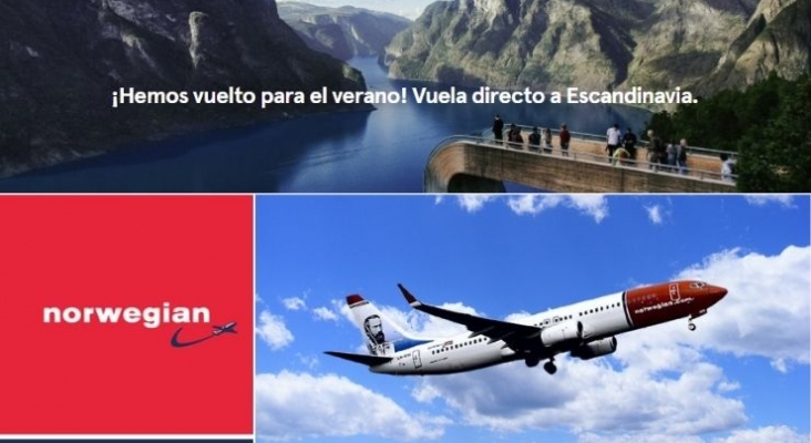 Norwegian pone a la venta su programa de verano de 2022 con 40 rutas entre Escandinavia y España. Logo vía LinkedIn & Landing page de norwegian.com