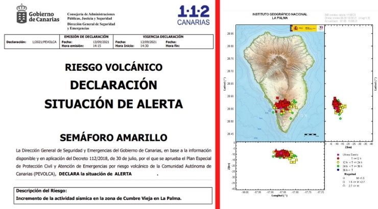 Alerta por movimientos sísmicos en la isla de La Palma. Foto de la izquierda vía PEVOLCA, firmado El Director Técnico de Guardia, Jorge Parra López. A la derecha mapa sísmico vía Instituto Geográfico Nacional.