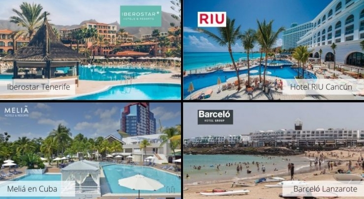 Las hoteleras españolas centran ahora el foco de la recuperación en Canarias y el Caribe. Imágenes de hoteles & logos vía barcelo.com|melia.com|riu.com|iberostar.com