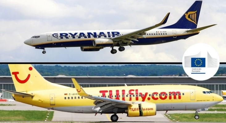 Revés de la justicia europea Ryanair y TUI Fly deben devolver 12 millones de euros. Foto de avión de TUI Fly: Wkimedia Commons (CC BY 2.0). Logo de La Comisión Europea