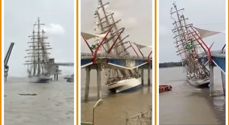 Espectacular accidente de velero de la Marina de Brasil contra un puente 