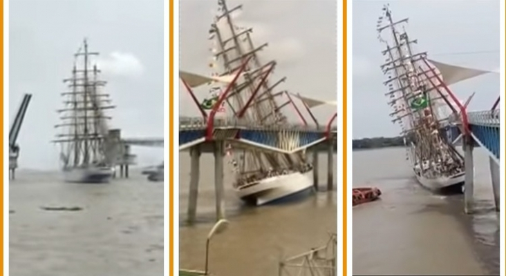 Espectacular accidente de velero de la Marina de Brasil contra un puente 