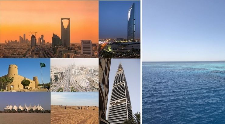 A la izquierda, distintas vistas de Riad | Wikimedia Commons (CC BY SA 4.0). A la derecha, el Mar Rojo