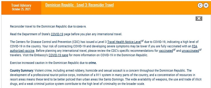 el Departamento de Estado de EE. UU. recomienda “reconsiderar” los viajes a República Dominicana