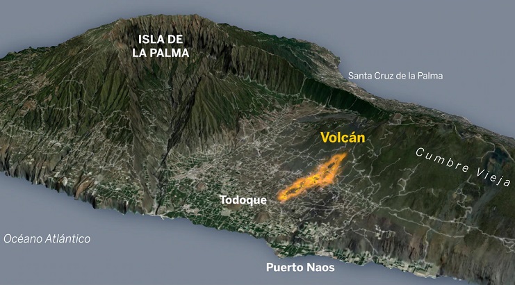 Mapa descriptivo de la ubicación del volcán, alejado de la capital, Santa Cruz de La Palma