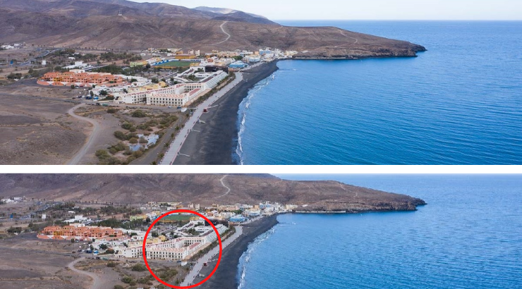 Vista aérea de la playa de Tarajalejo con el complejo abandonado en primer término | Fotos: Fuerteventura Playas