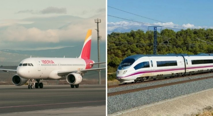 Airbus A320 de Iberia y tren de Renfe | Foto: Grupo Iberia & Wikimedia Commons (CC BY-SA 4.0)