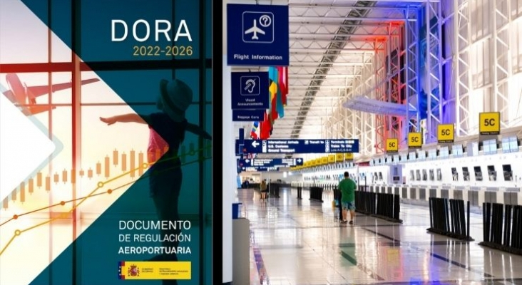 A la izq. portada del Documento de Regulación Aeroportuaria II (DORA II) / A la dcha. un aeropuerto