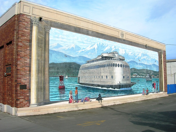 Mural en Seattle en honor al MV Kalakala, uno de los principales atractivos turístico de la ciudad de su época