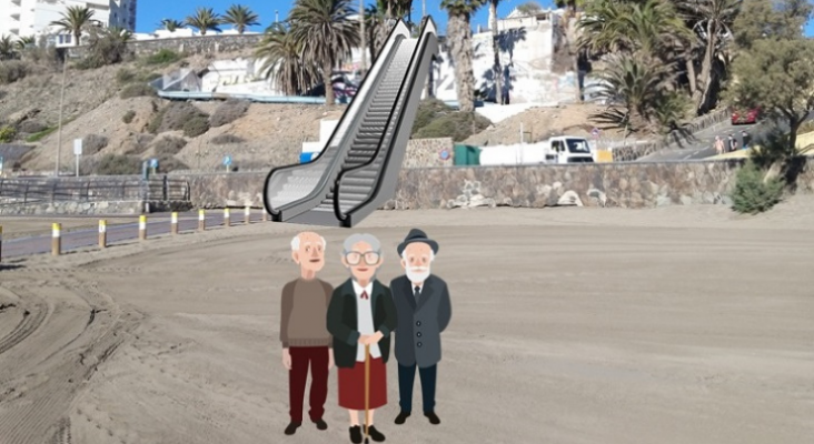 Recreación de una escalera mecánica hacia la playa en la parcela del Tobo Playa. Nuestros turistas mayores lo agradecerían.
