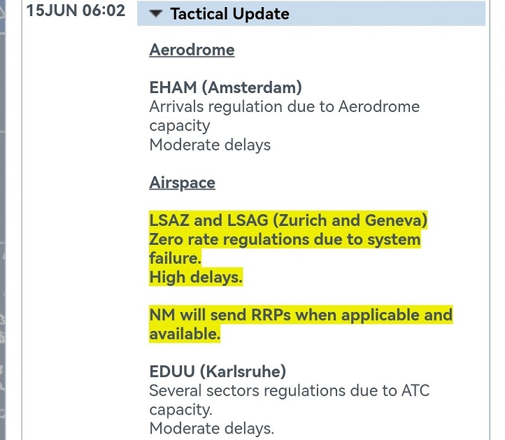 Aviso del cierre del espacio aéreo en la web de Eurocontrol Captura vía @controladores