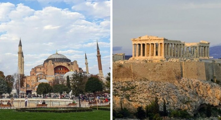 Turquía y Grecia se postulan como destinos para acoger el éxodo invernal de los alemanes  | Foto: Montaje con el Partenón a la izda. y Santa Sofía a la dcha.