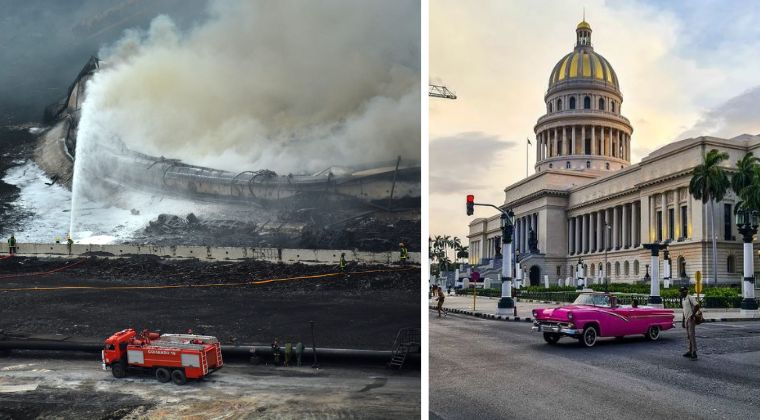 A la izquierda, el incendio ya controlado en Matanzas / A la derecha, el cielo despejado de humo en La Habana el pasado martes | Foto cedida por @dan_ddan