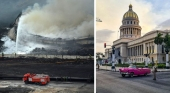 A la izquierda, el incendio ya controlado en Matanzas / A la derecha, el cielo despejado de humo en La Habana el pasado martes | Foto cedida por @dan_ddan