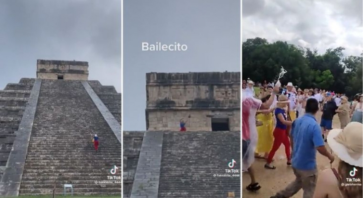 Una turista se salta el cordón de seguridad y se sube al templo de Kukulkán (México)
