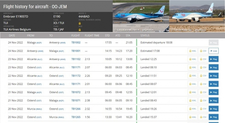 Historial reciente de vuelos del E190 de TUI con matrícula OO JEM Imagen Flightradar24