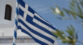 Bandera de Grecia en Santorini