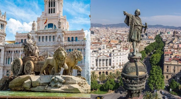 Estatua de la diosa Cibeles, en Madrid, y Monumento a Colón, en Barcelona | Foto: Montaje Tourinews