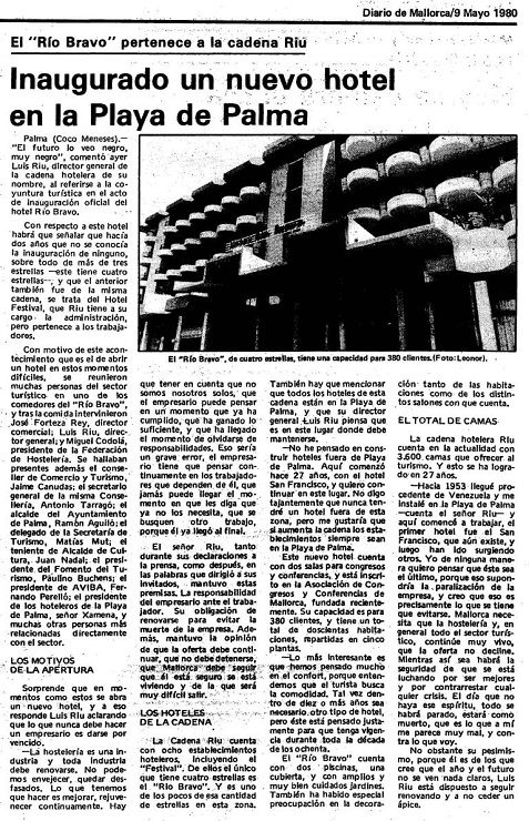 La inauguración del Hotel Río Bravo en mayo de 1980 se convirtió en un gran evento al que acudieron multitud de personalidades y directivos de RIU Hotels & Resorts. La inauguración del Hotel Río Bravo en mayo de 1980 se convirtió en un gran evento al que acudieron multitud de personalidades y directivos de RIU Hotels & Resorts.