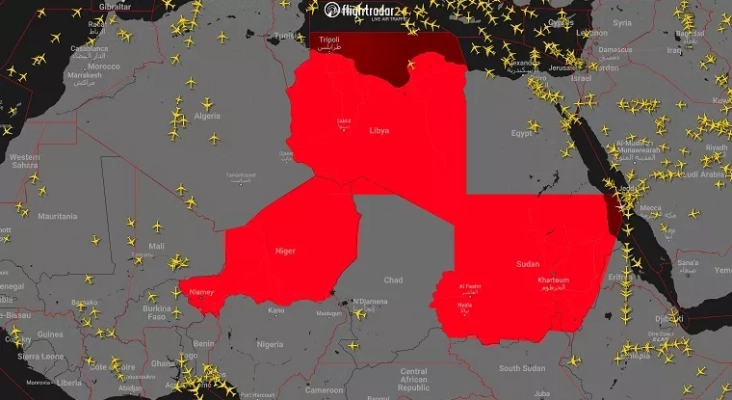 Aerolíneas comerciales, obligadas a desviar o cancelar sus vuelos por el cierre del espacio aéreo en Níger | Foto: flightradar24.com