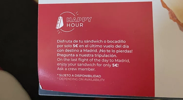 Folleto gastronómico de Iberia Express con el 'Happy hour' de bocadillos | Foto: Tourinews