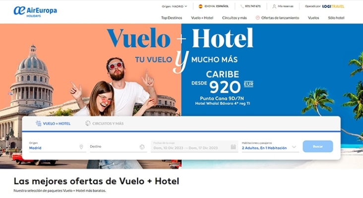 Captura de la nueva plataforma digital de venta de viajes combinados de Air Europa y Logitravel (Viajes El Corte Inglés)