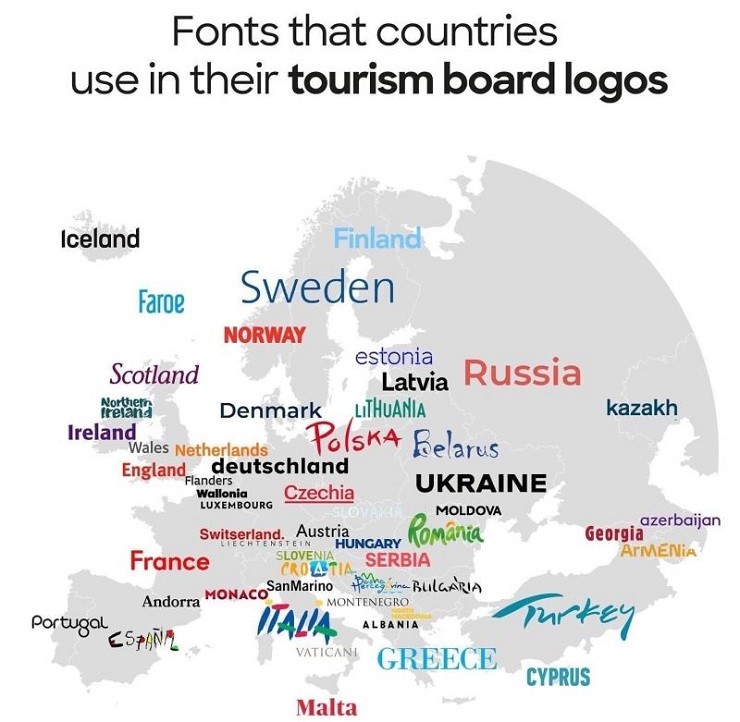 Mapa con los logos turísticos de los destinos europeos