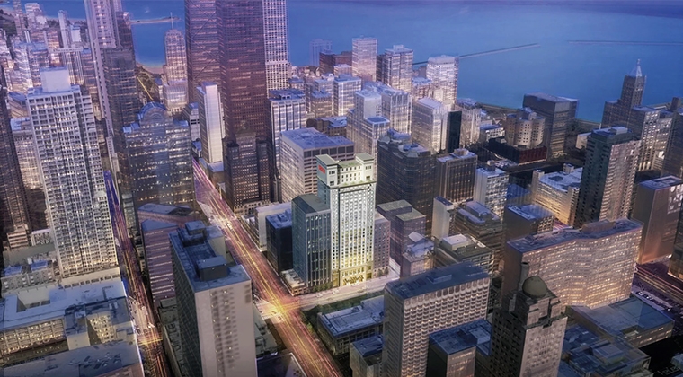 Vista aérea del edificio del futuro hotel Riu Plaza Chicago y sus alrededores, en el barrio de Streeterville | Foto: RIU